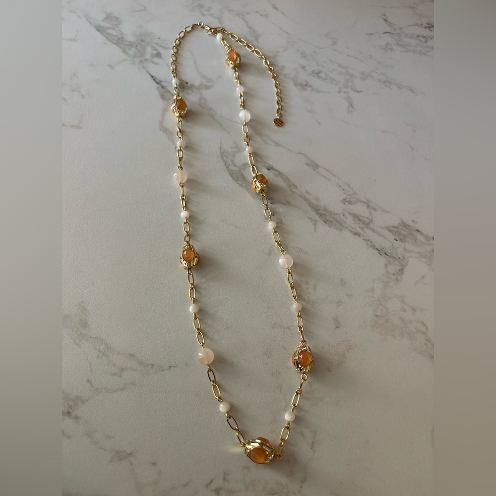 Talbots Gold-Tone Station Bead & Stone Necklace with Amber & Pearl-Tone Accents - Picture 11 of 13